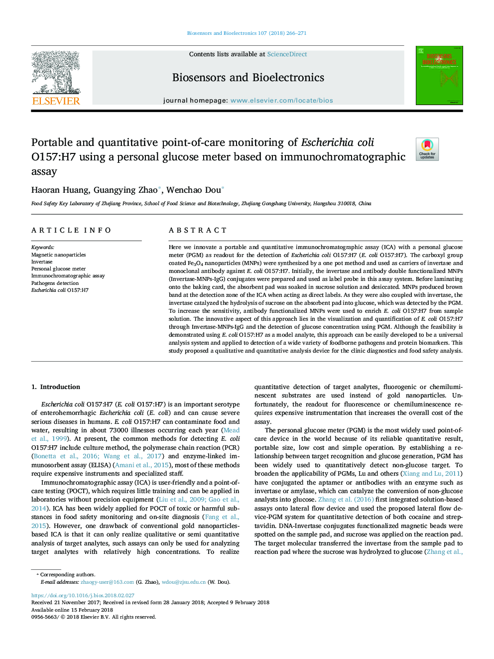 Portable and quantitative point-of-care monitoring of Escherichia coli O157:H7 using a personal glucose meter based on immunochromatographic assay