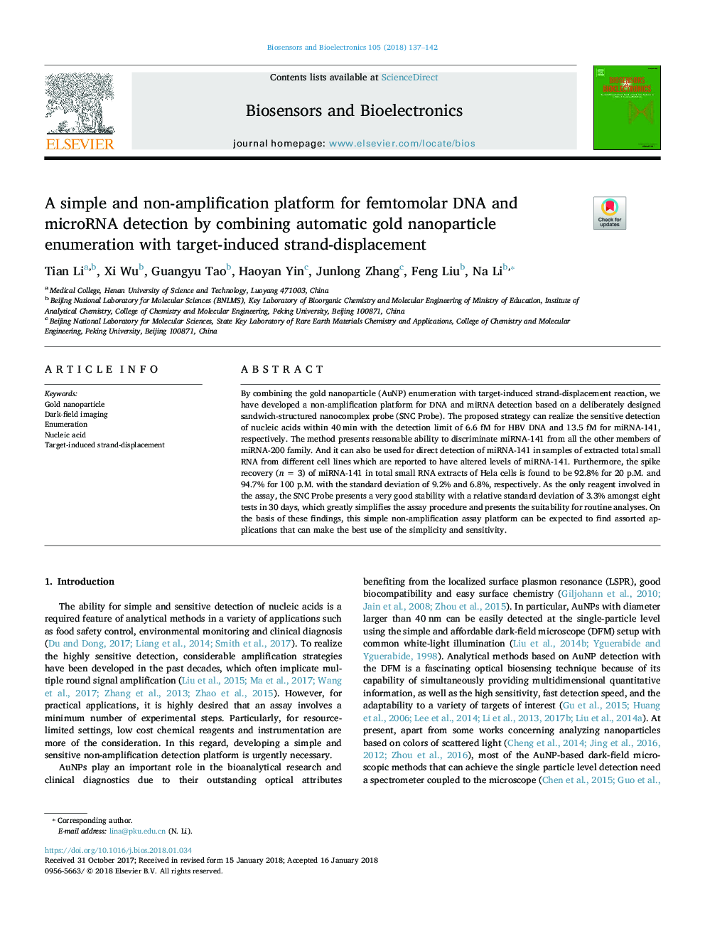 A simple and non-amplification platform for femtomolar DNA and microRNA detection by combining automatic gold nanoparticle enumeration with target-induced strand-displacement