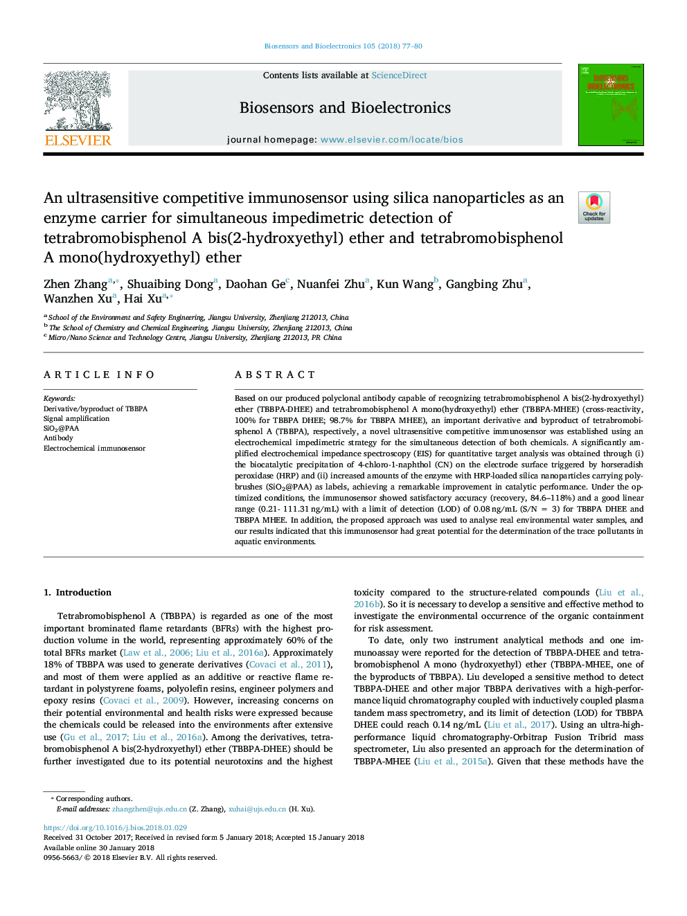 An ultrasensitive competitive immunosensor using silica nanoparticles as an enzyme carrier for simultaneous impedimetric detection of tetrabromobisphenol A bis(2-hydroxyethyl) ether and tetrabromobisphenol A mono(hydroxyethyl) ether