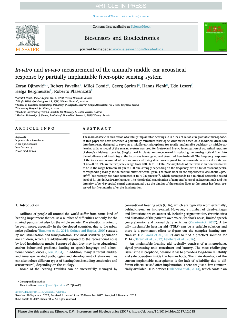 In-vitro and in-vivo measurement of the animal's middle ear acoustical response by partially implantable fiber-optic sensing system