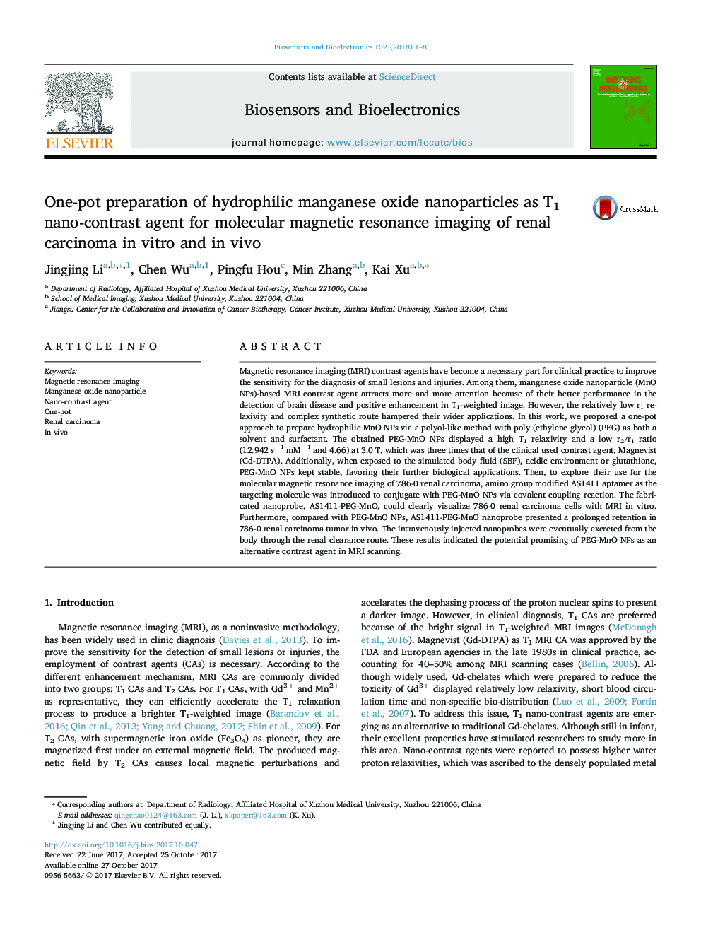 One-pot preparation of hydrophilic manganese oxide nanoparticles as T1 nano-contrast agent for molecular magnetic resonance imaging of renal carcinoma in vitro and in vivo