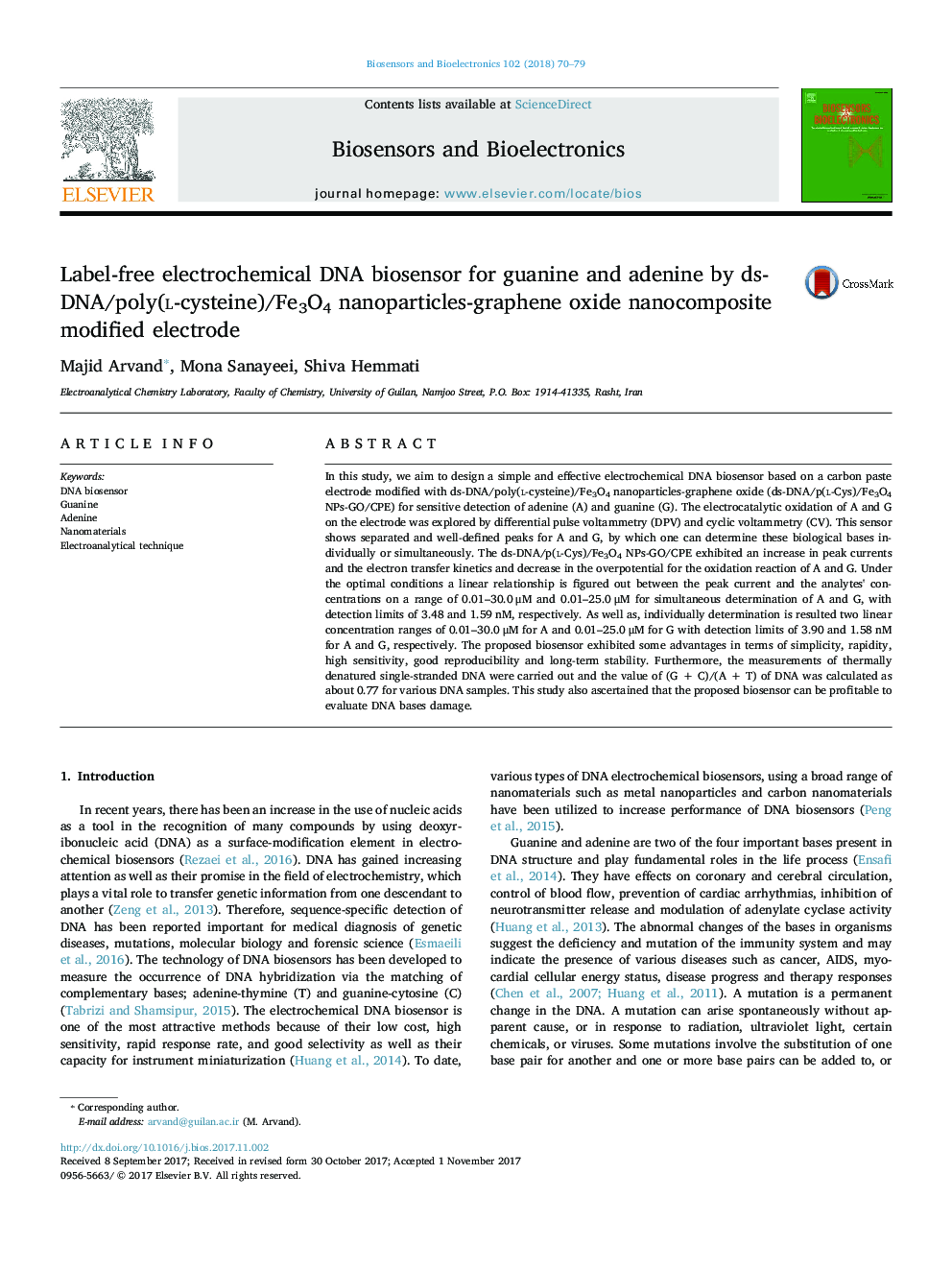 Label-free electrochemical DNA biosensor for guanine and adenine by ds-DNA/poly(L-cysteine)/Fe3O4 nanoparticles-graphene oxide nanocomposite modified electrode