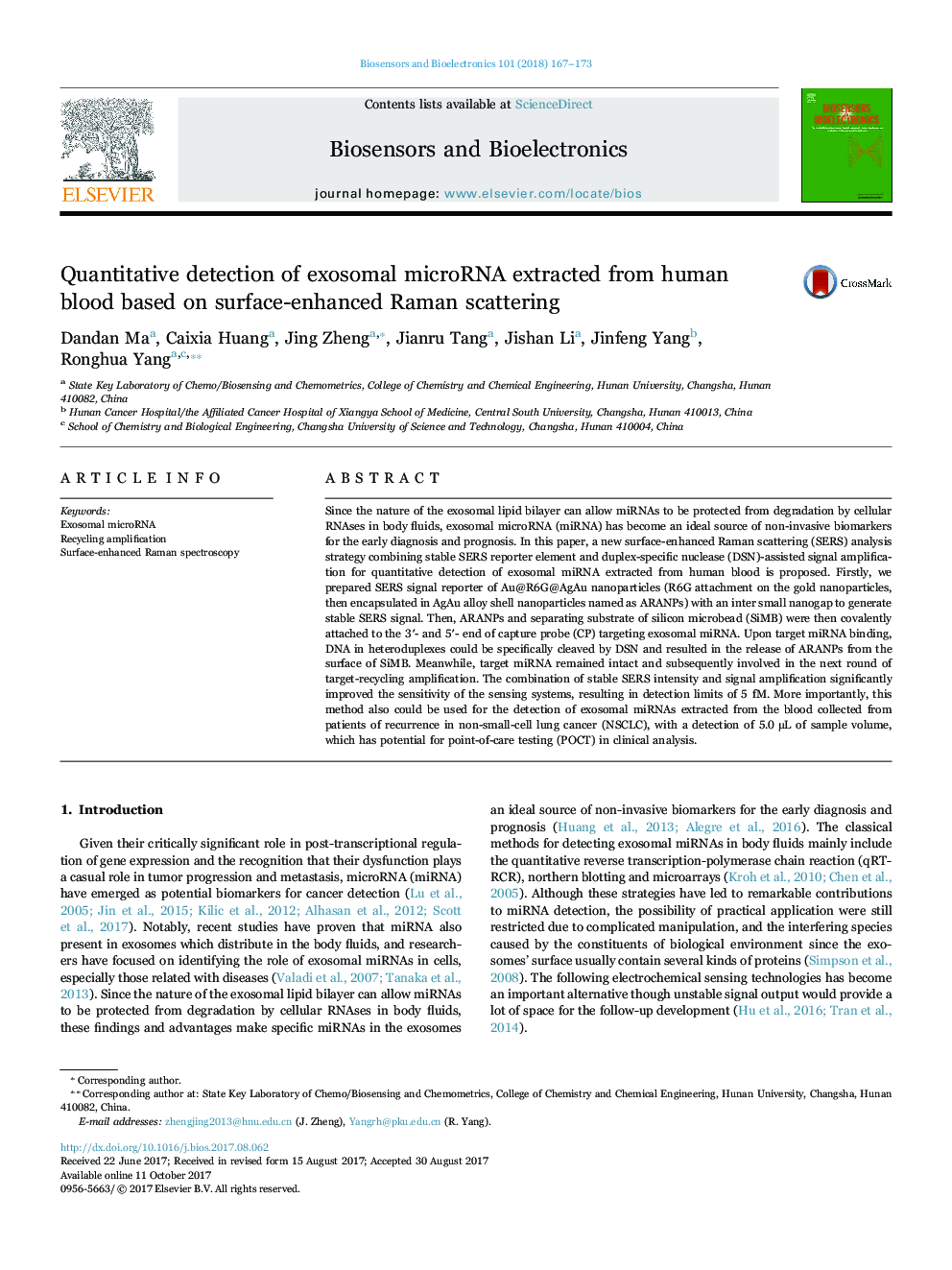 عکس صفحه اول مقاله: Quantitative detection of exosomal microRNA extracted from human blood based on surface-enhanced Raman scattering Quantitative detection of exosomal microRNA extracted from human blood based on surface-enhanced Raman scattering