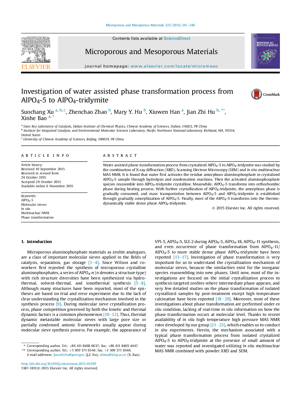 Investigation of water assisted phase transformation process from AlPO4-5 to AlPO4-tridymite