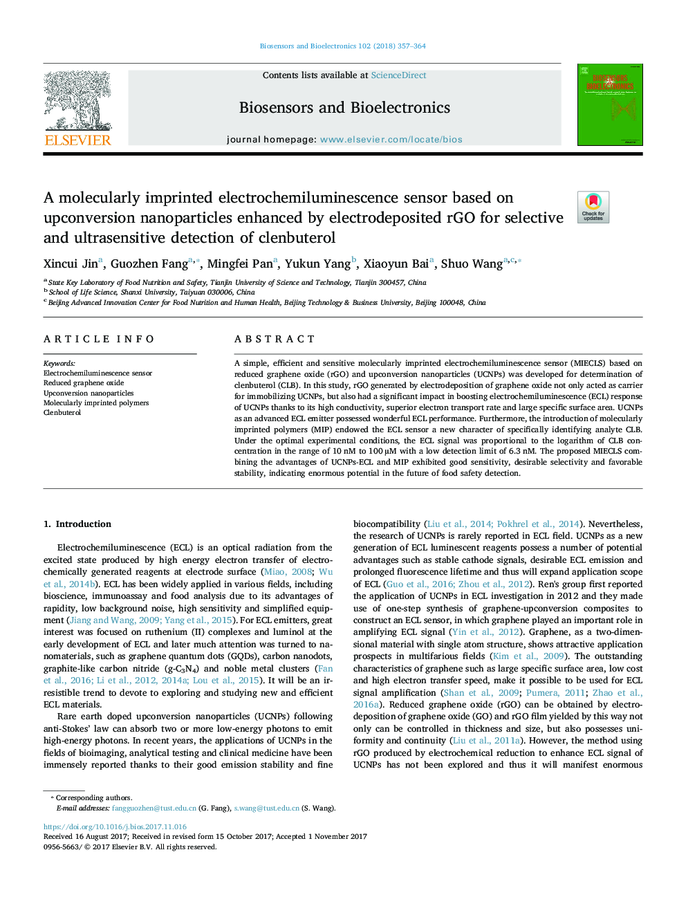 A molecularly imprinted electrochemiluminescence sensor based on upconversion nanoparticles enhanced by electrodeposited rGO for selective and ultrasensitive detection of clenbuterol