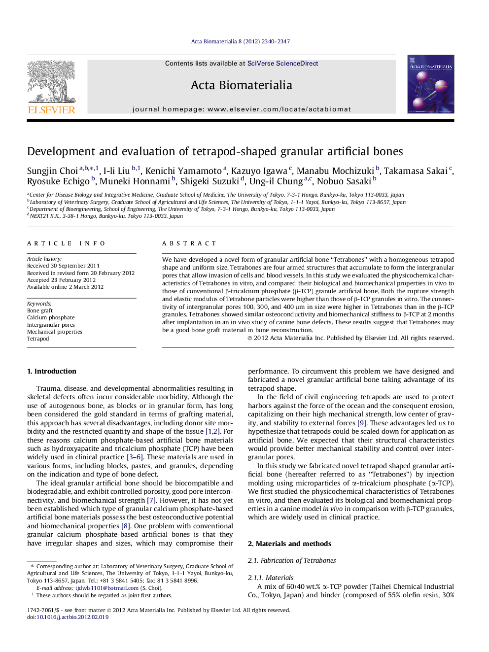 Development and evaluation of tetrapod-shaped granular artificial bones