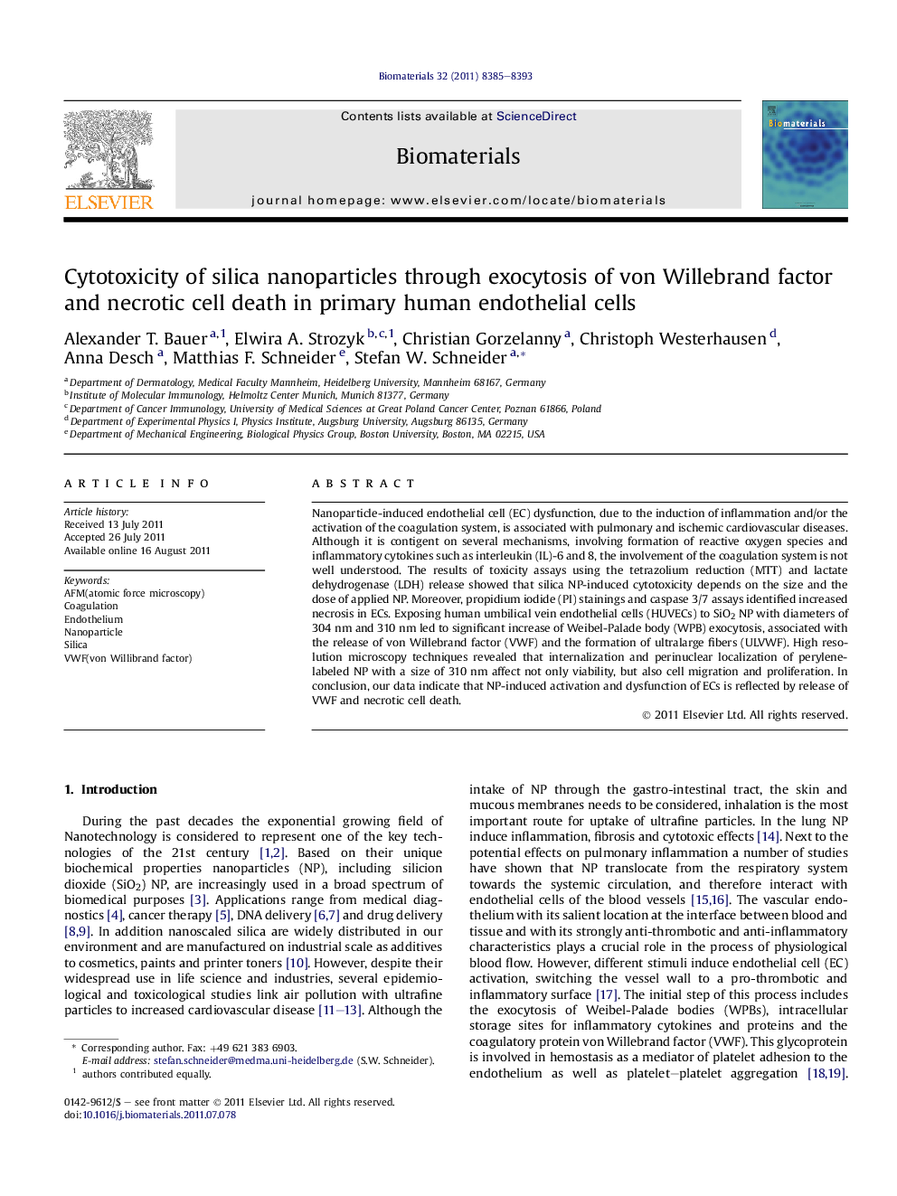 Cytotoxicity of silica nanoparticles through exocytosis of von Willebrand factor and necrotic cell death in primary human endothelial cells