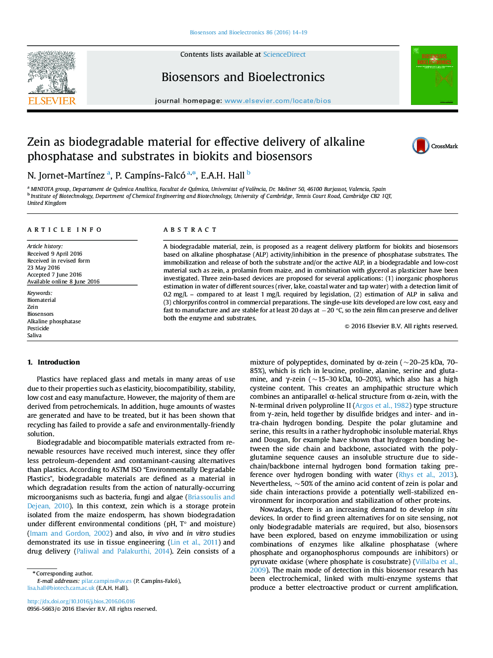 Zein as biodegradable material for effective delivery of alkaline phosphatase and substrates in biokits and biosensors