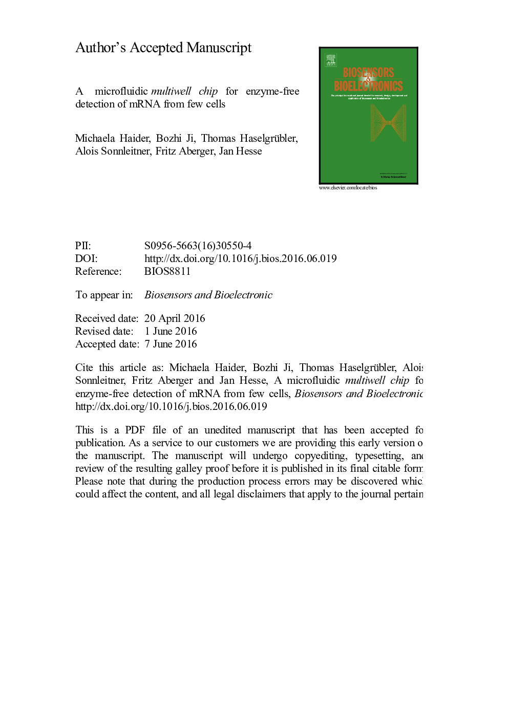 A microfluidic multiwell chip for enzyme-free detection of mRNA from few cells