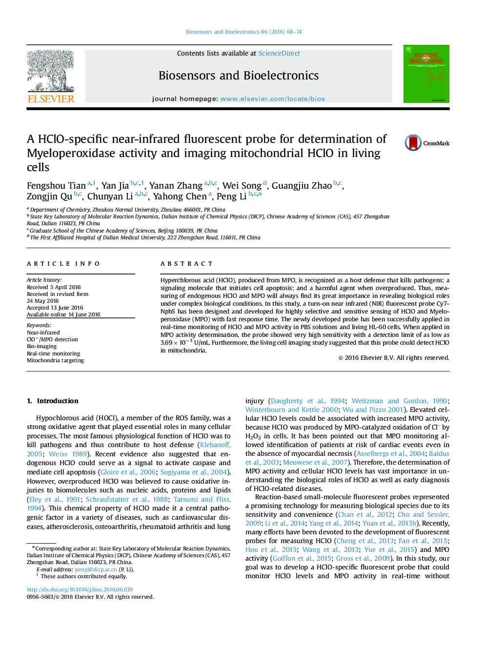 A HClO-specific near-infrared fluorescent probe for determination of Myeloperoxidase activity and imaging mitochondrial HClO in living cells