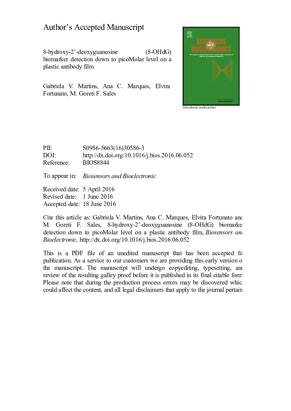 8-hydroxy-2â²-deoxyguanosine (8-OHdG) biomarker detection down to picoMolar level on a plastic antibody film