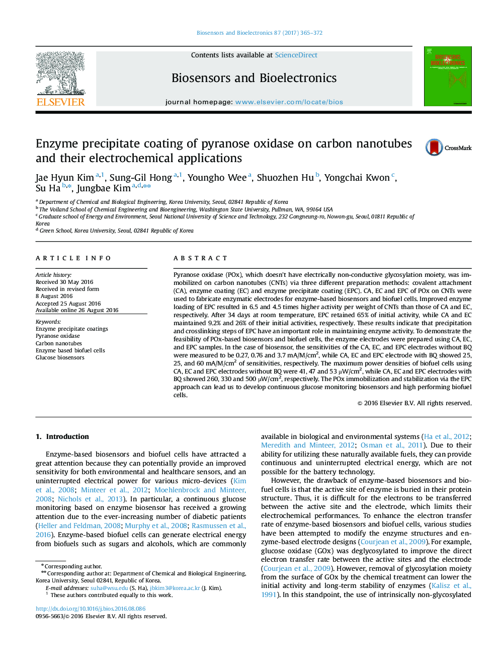 Enzyme precipitate coating of pyranose oxidase on carbon nanotubes and their electrochemical applications