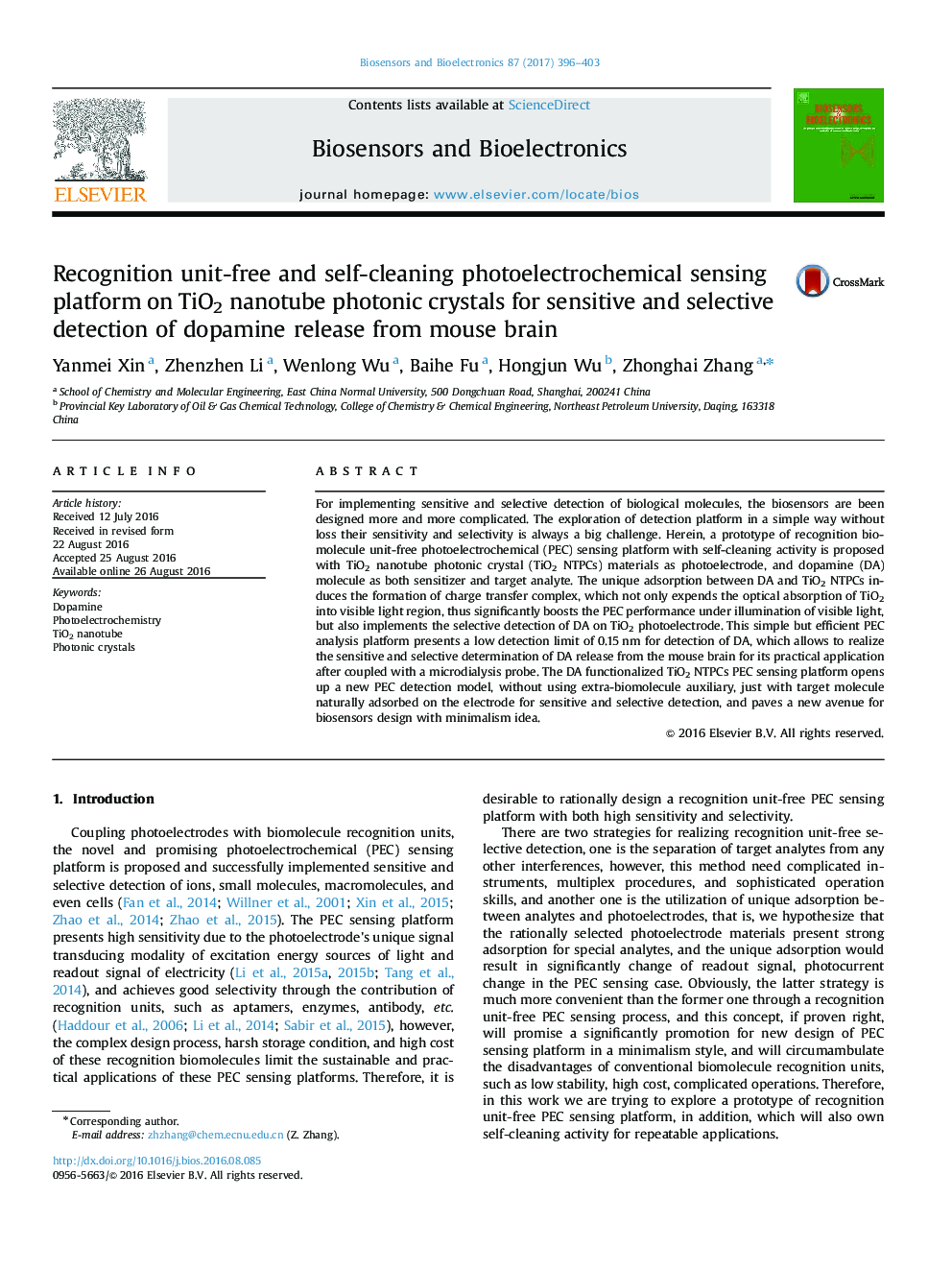 Recognition unit-free and self-cleaning photoelectrochemical sensing platform on TiO2 nanotube photonic crystals for sensitive and selective detection of dopamine release from mouse brain