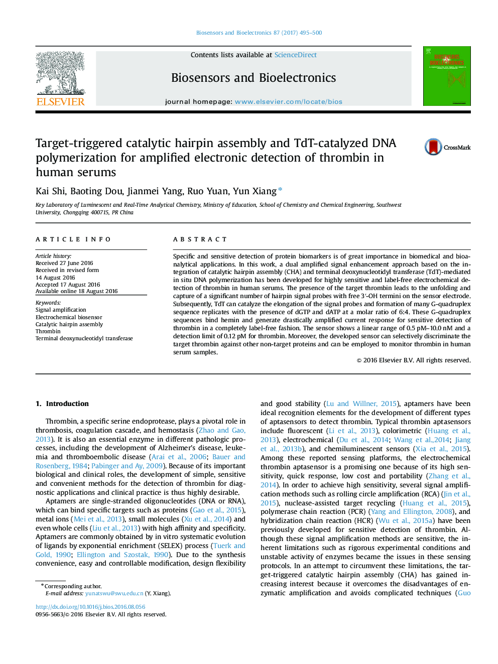 Target-triggered catalytic hairpin assembly and TdT-catalyzed DNA polymerization for amplified electronic detection of thrombin in human serums