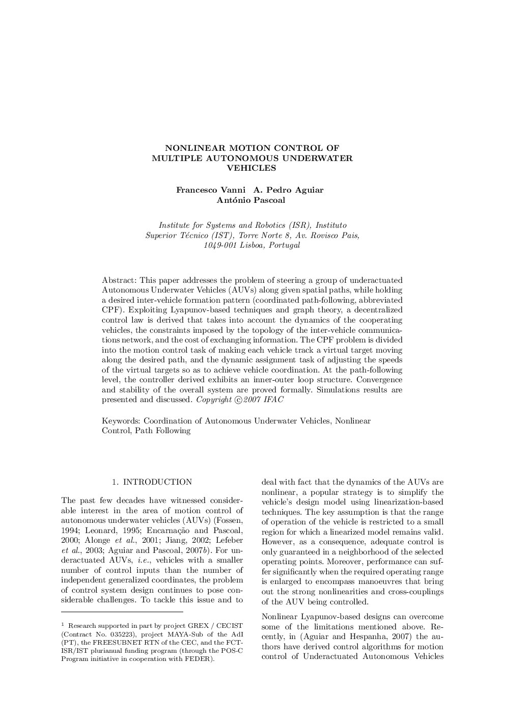 NONLINEAR MOTION CONTROL OF MULTIPLE AUTONOMOUS UNDERWATER VEHICLES