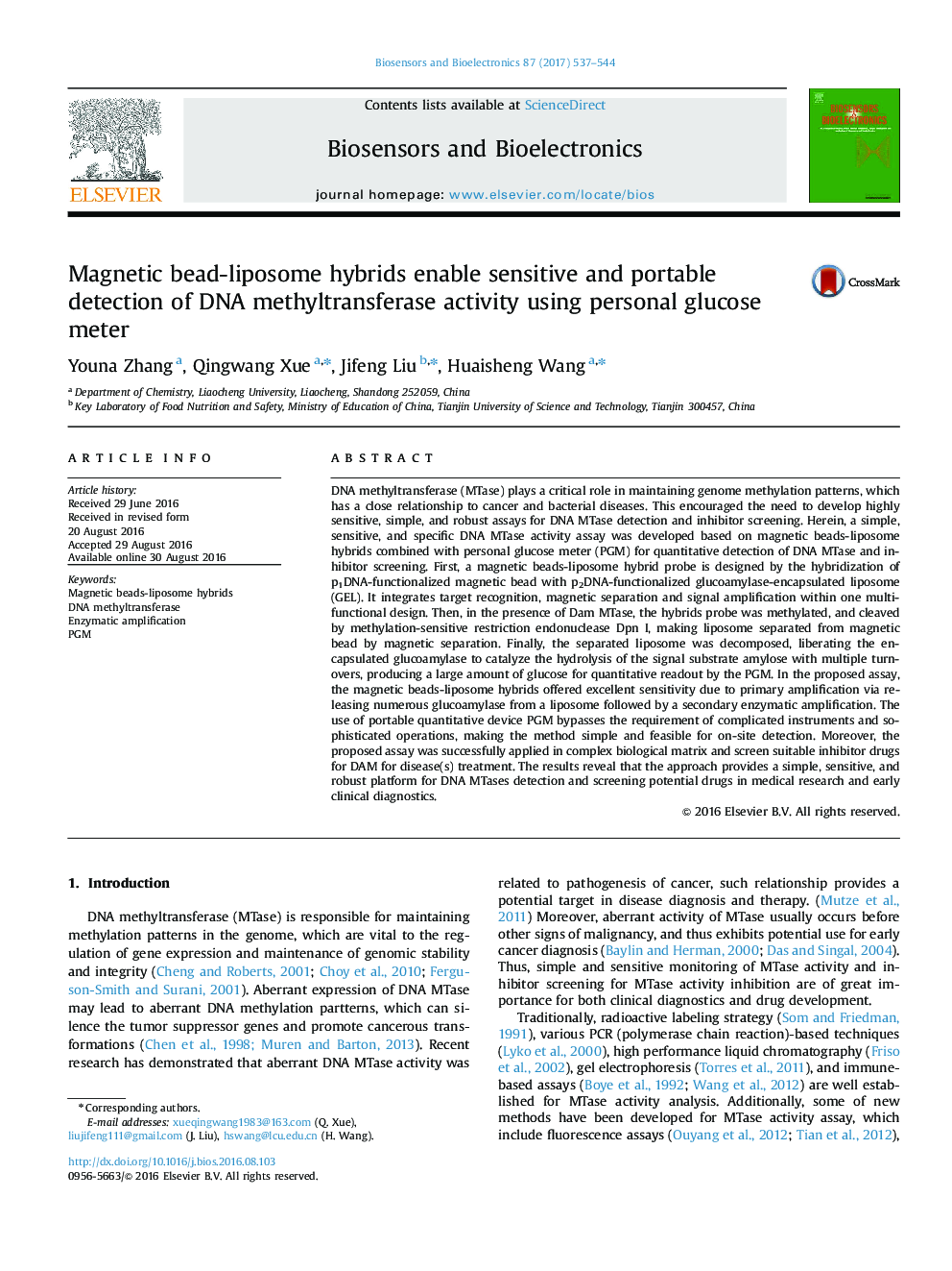 Magnetic bead-liposome hybrids enable sensitive and portable detection of DNA methyltransferase activity using personal glucose meter