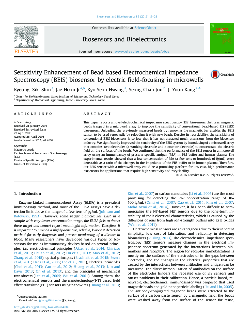 Sensitivity Enhancement of Bead-based Electrochemical Impedance Spectroscopy (BEIS) biosensor by electric field-focusing in microwells