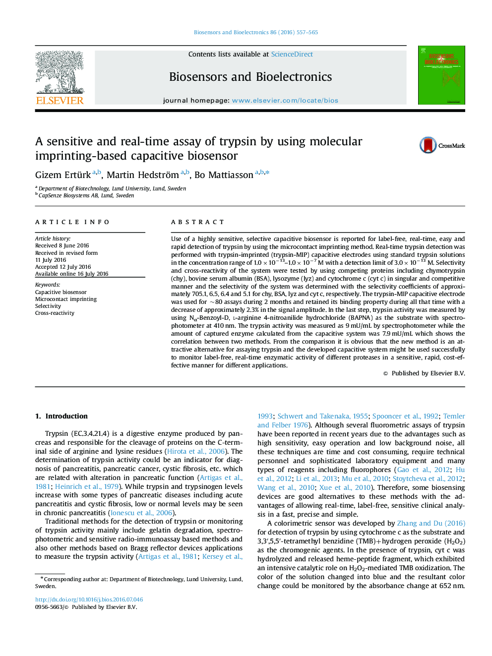 A sensitive and real-time assay of trypsin by using molecular imprinting-based capacitive biosensor