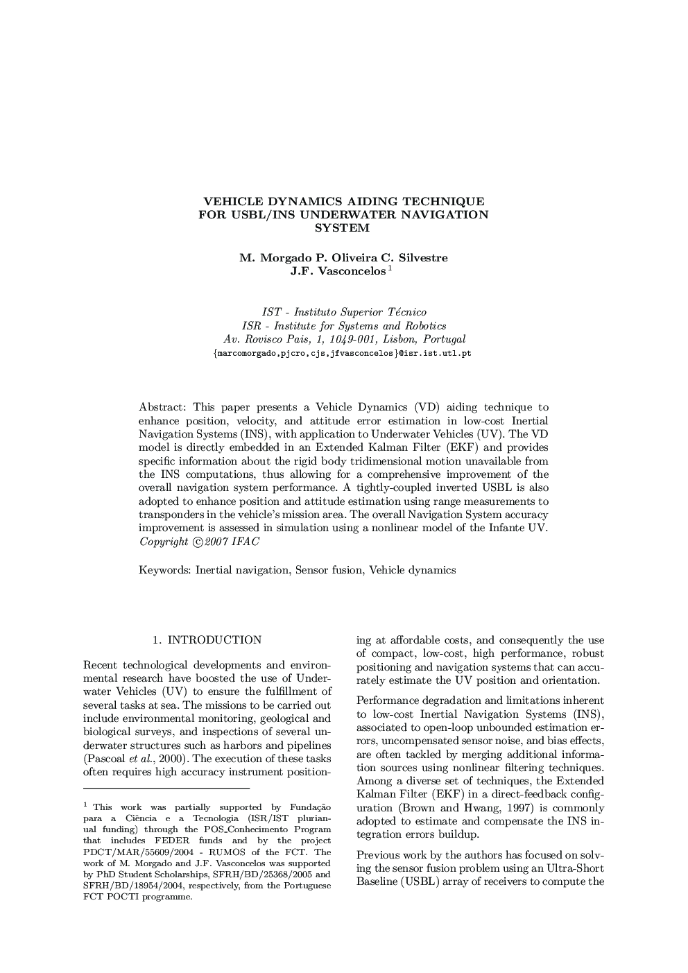 VEHICLE DYNAMICS AIDING TECHNIQUE FOR USBL/INS UNDERWATER NAVIGATION SYSTEM