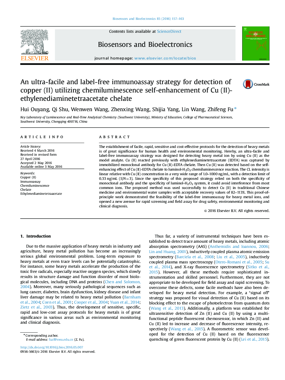 An ultra-facile and label-free immunoassay strategy for detection of copper (II) utilizing chemiluminescence self-enhancement of Cu (II)-ethylenediaminetetraacetate chelate