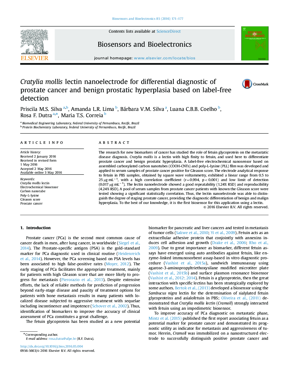 Cratylia mollis lectin nanoelectrode for differential diagnostic of prostate cancer and benign prostatic hyperplasia based on label-free detection