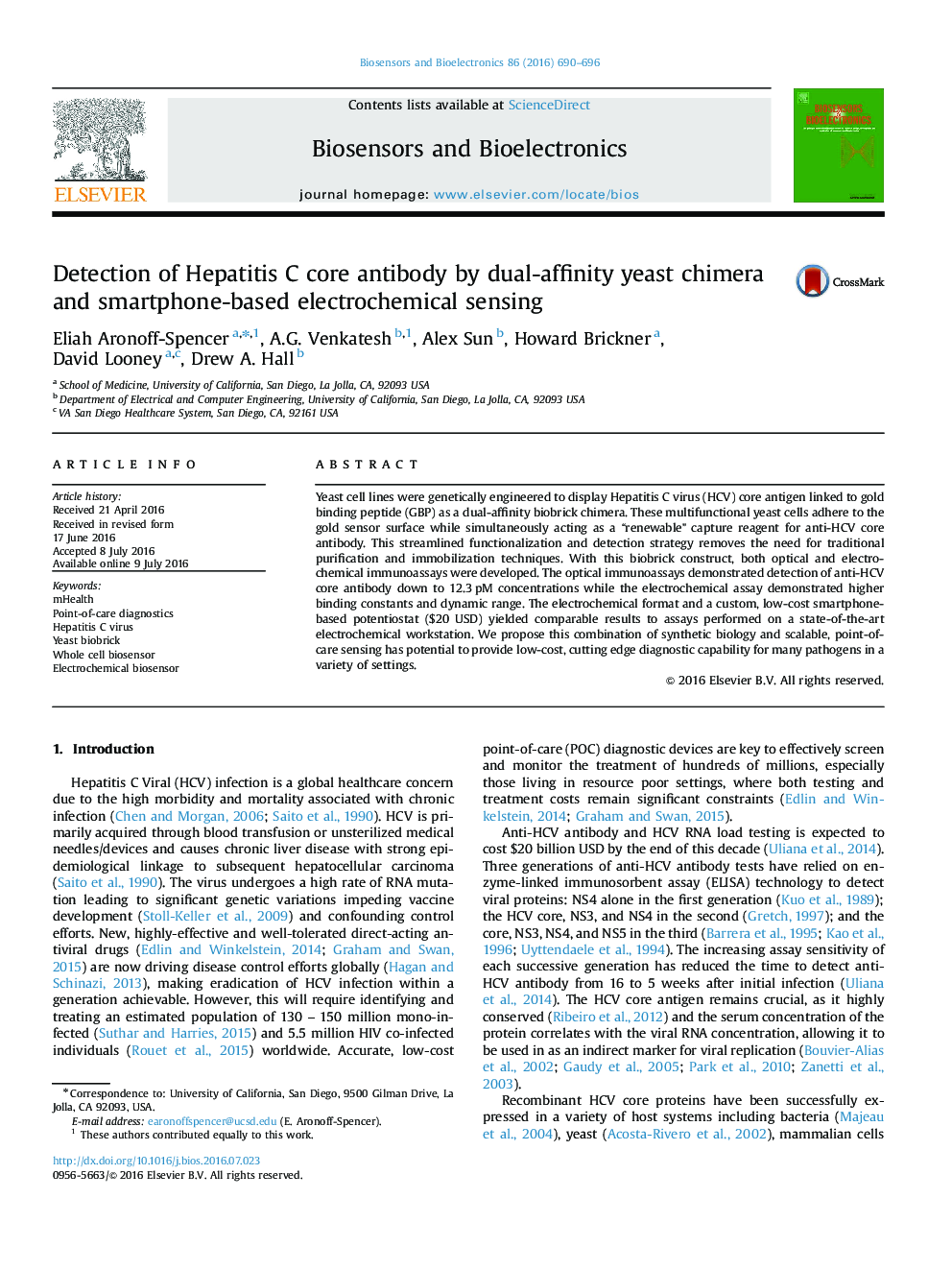 Detection of Hepatitis C core antibody by dual-affinity yeast chimera and smartphone-based electrochemical sensing