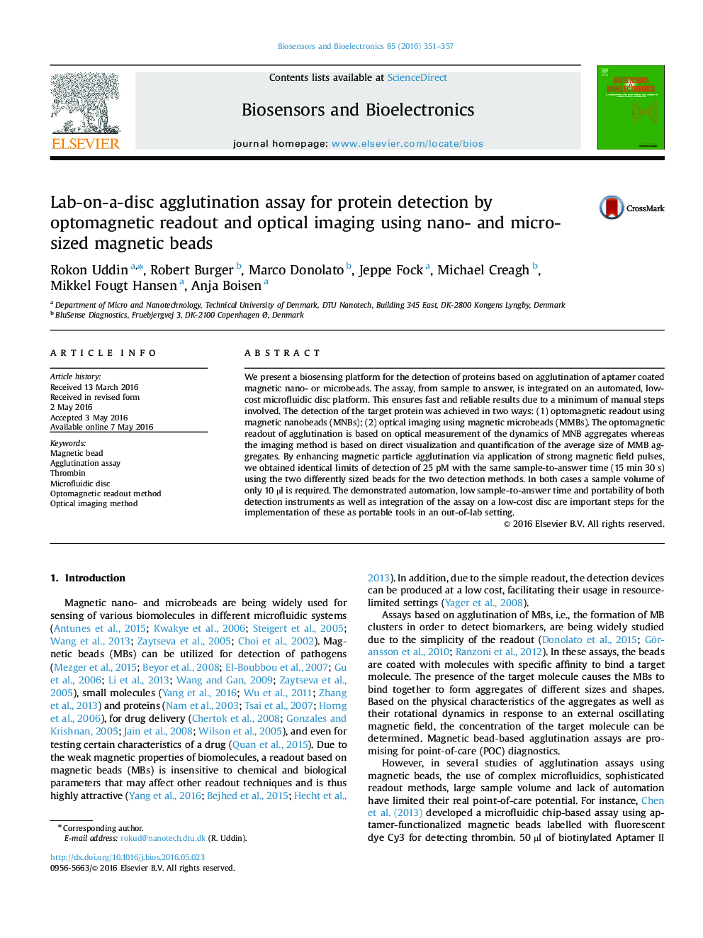 Lab-on-a-disc agglutination assay for protein detection by optomagnetic readout and optical imaging using nano- and micro-sized magnetic beads