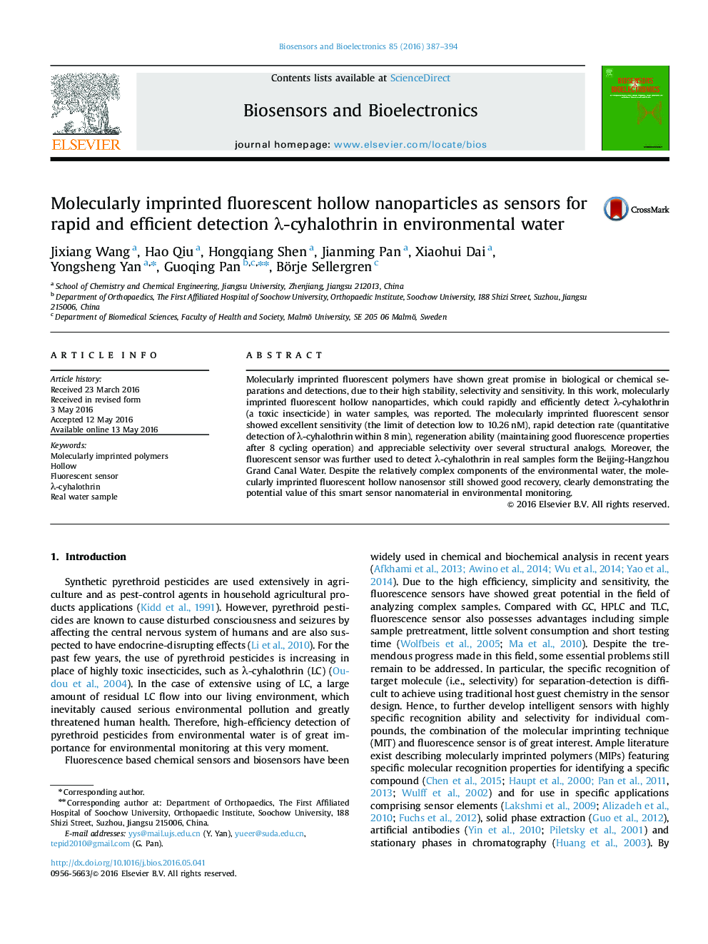 Molecularly imprinted fluorescent hollow nanoparticles as sensors for rapid and efficient detection Î»-cyhalothrin in environmental water