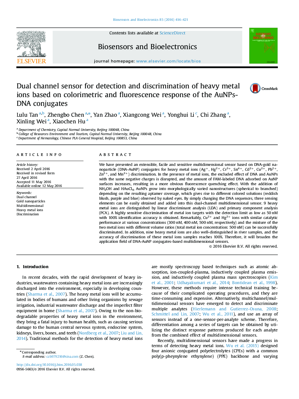 Dual channel sensor for detection and discrimination of heavy metal ions based on colorimetric and fluorescence response of the AuNPs-DNA conjugates