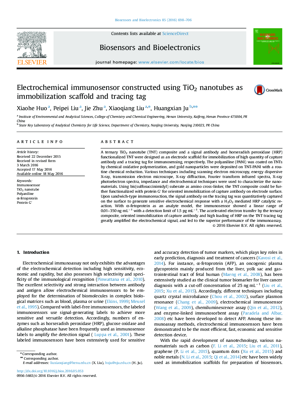 Electrochemical immunosensor constructed using TiO2 nanotubes as immobilization scaffold and tracing tag