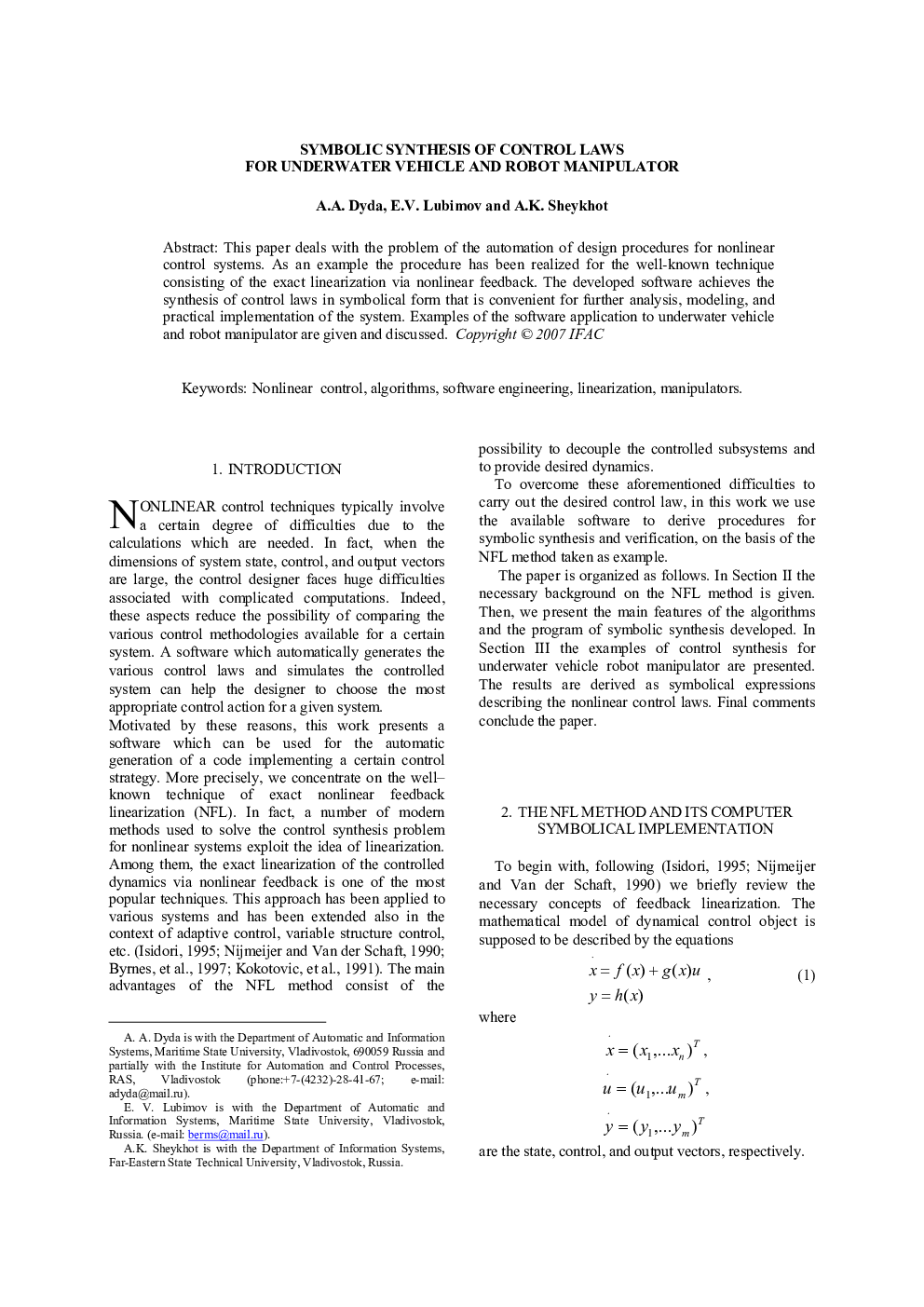 SYMBOLIC SYNTHESIS OF CONTROL LAWS FOR UNDERWATER VEHICLE AND ROBOT MANIPULATOR