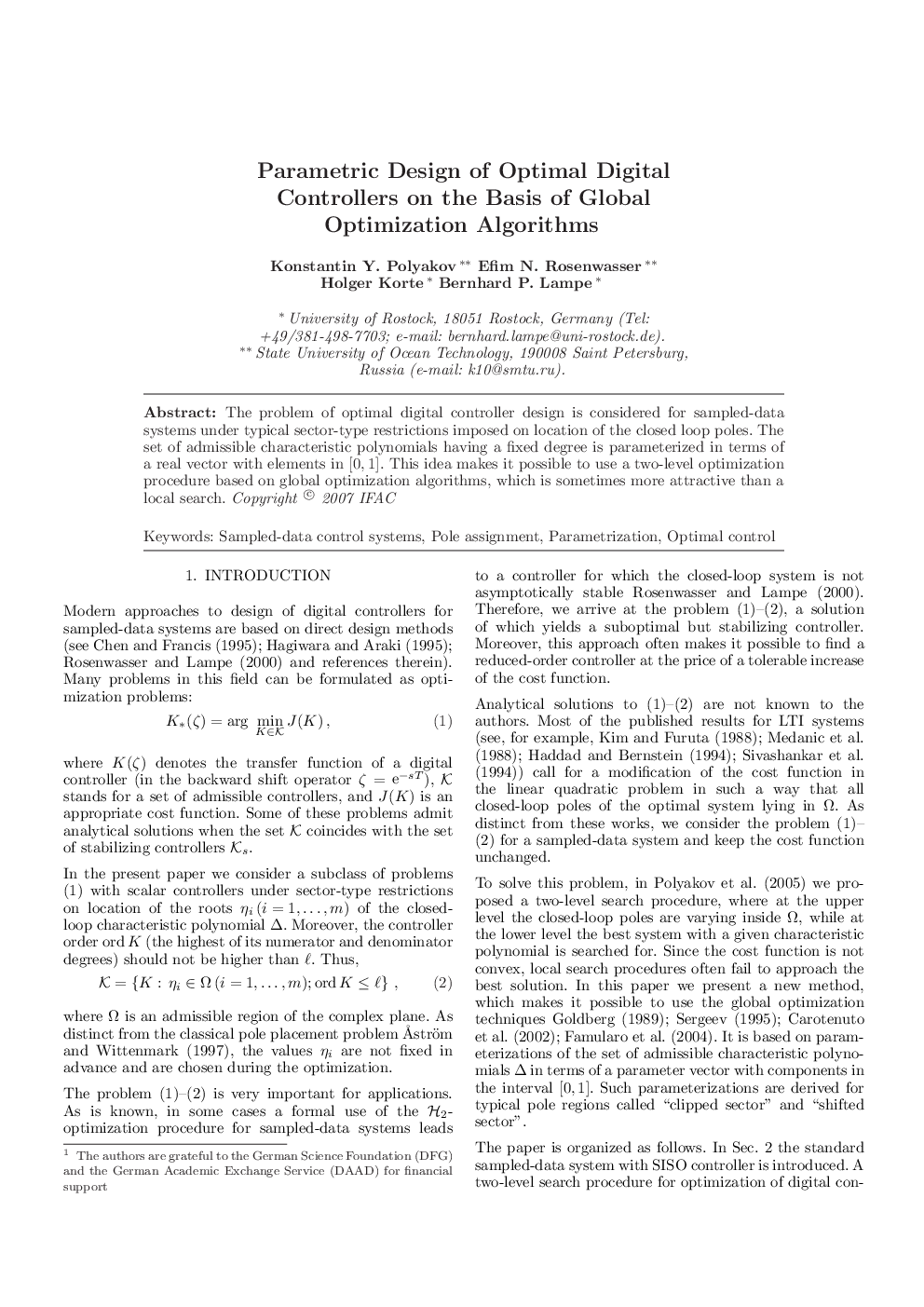 Parametric Design of Optimal Digital Controllers on the Basis of Global Optimization Algorithms