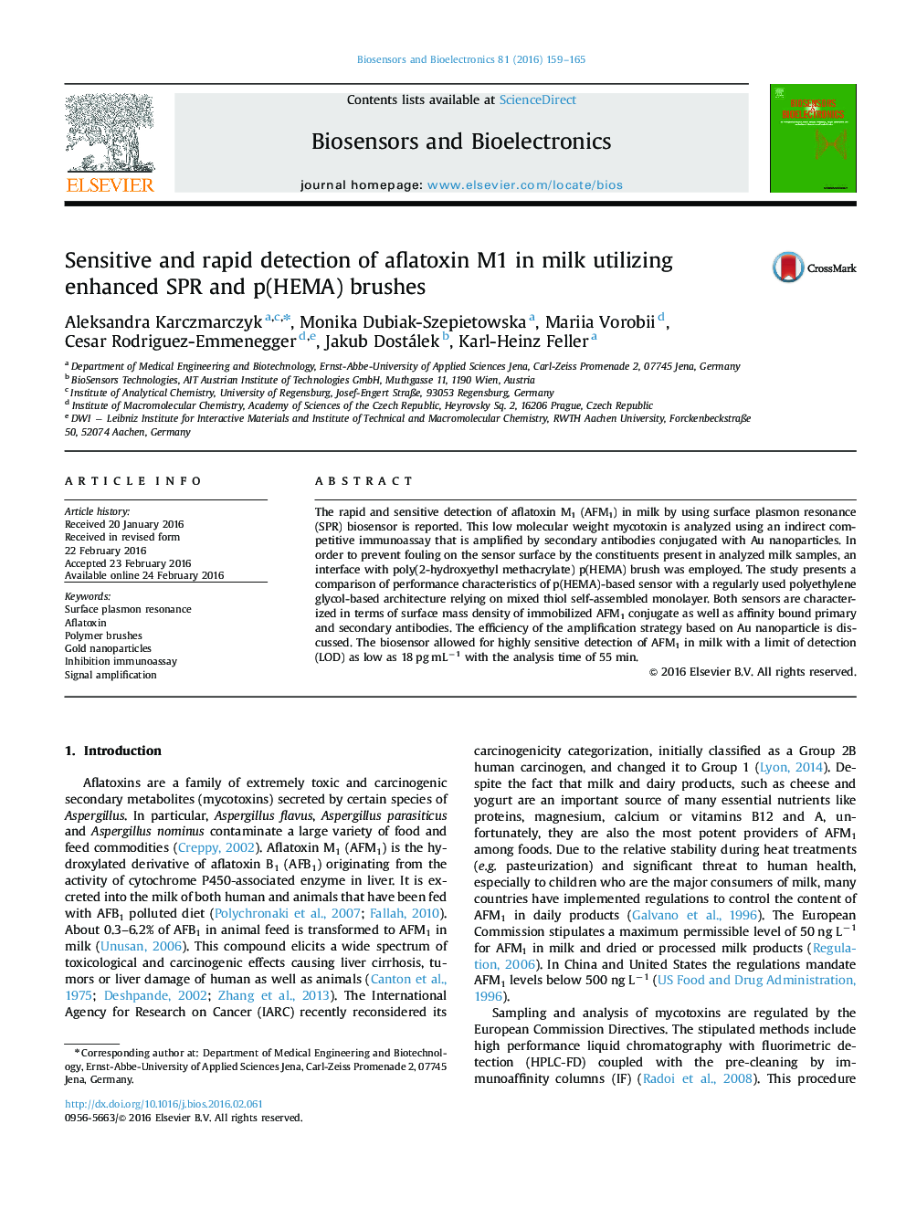 Sensitive and rapid detection of aflatoxin M1 in milk utilizing enhanced SPR and p(HEMA) brushes