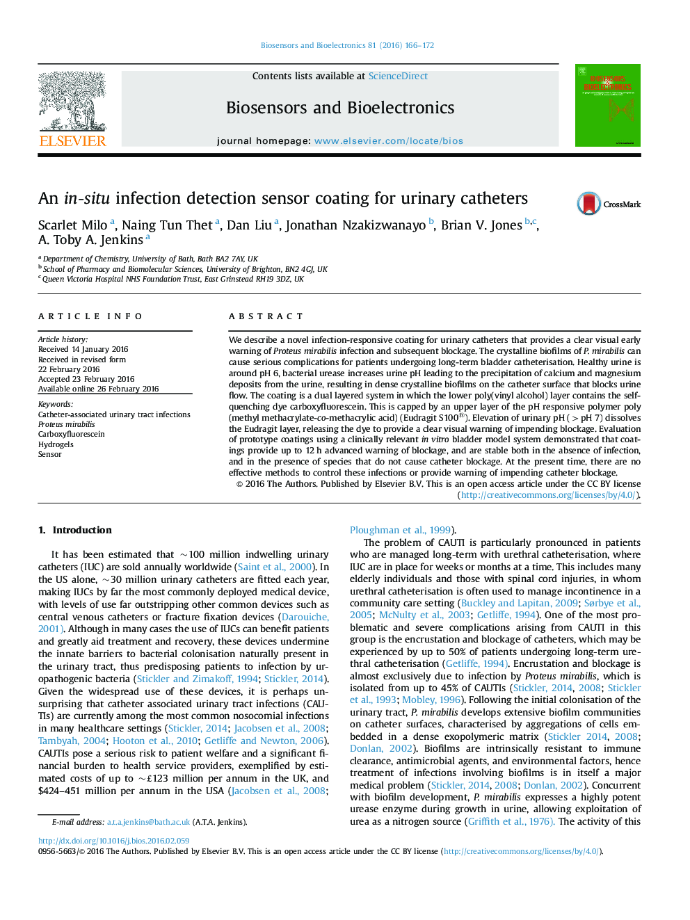 An in-situ infection detection sensor coating for urinary catheters