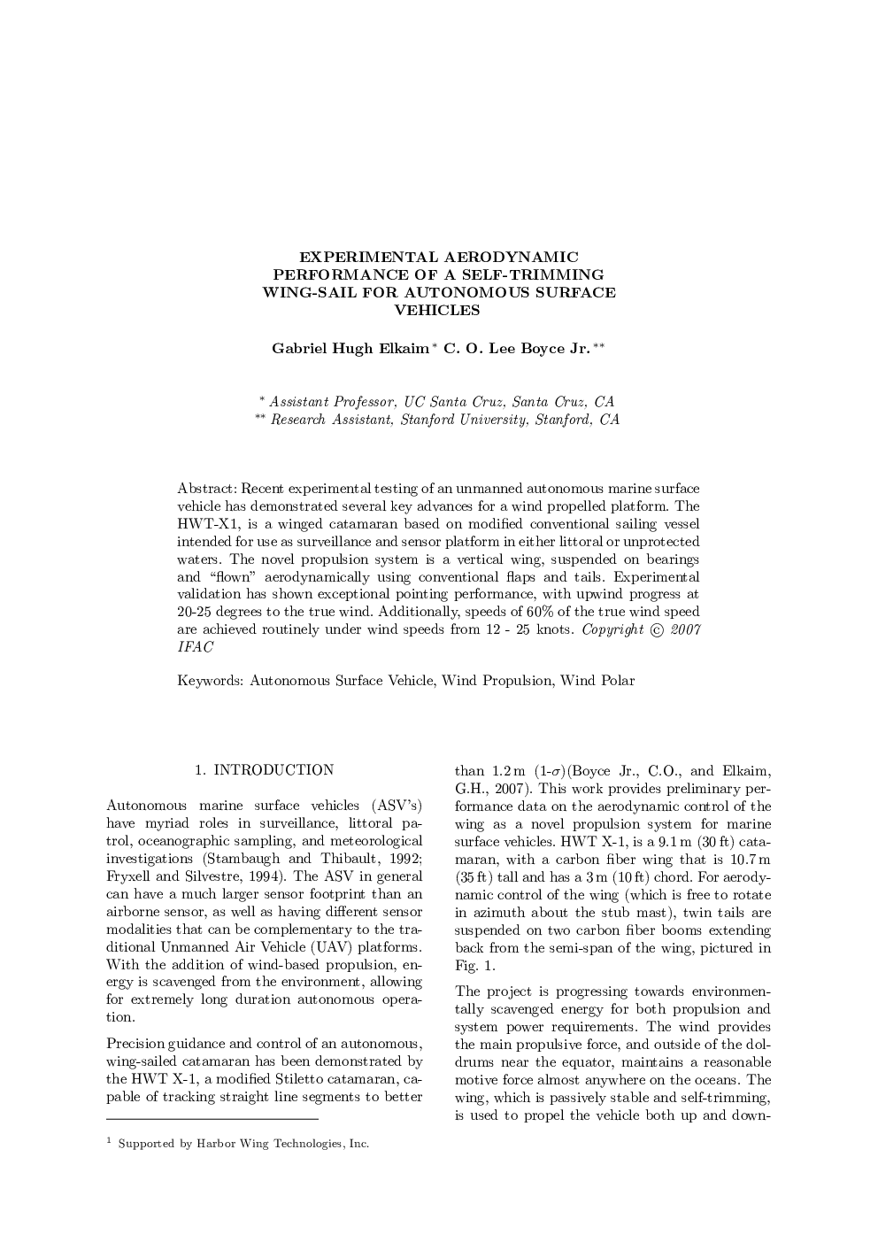 EXPERIMENTAL AERODYNAMIC PERFORMANCE OF A SELF-TRIMMING WING-SAIL FOR AUTONOMOUS SURFACE VEHICLES