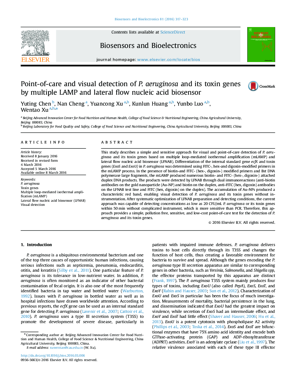 Point-of-care and visual detection of P. aeruginosa and its toxin genes by multiple LAMP and lateral flow nucleic acid biosensor