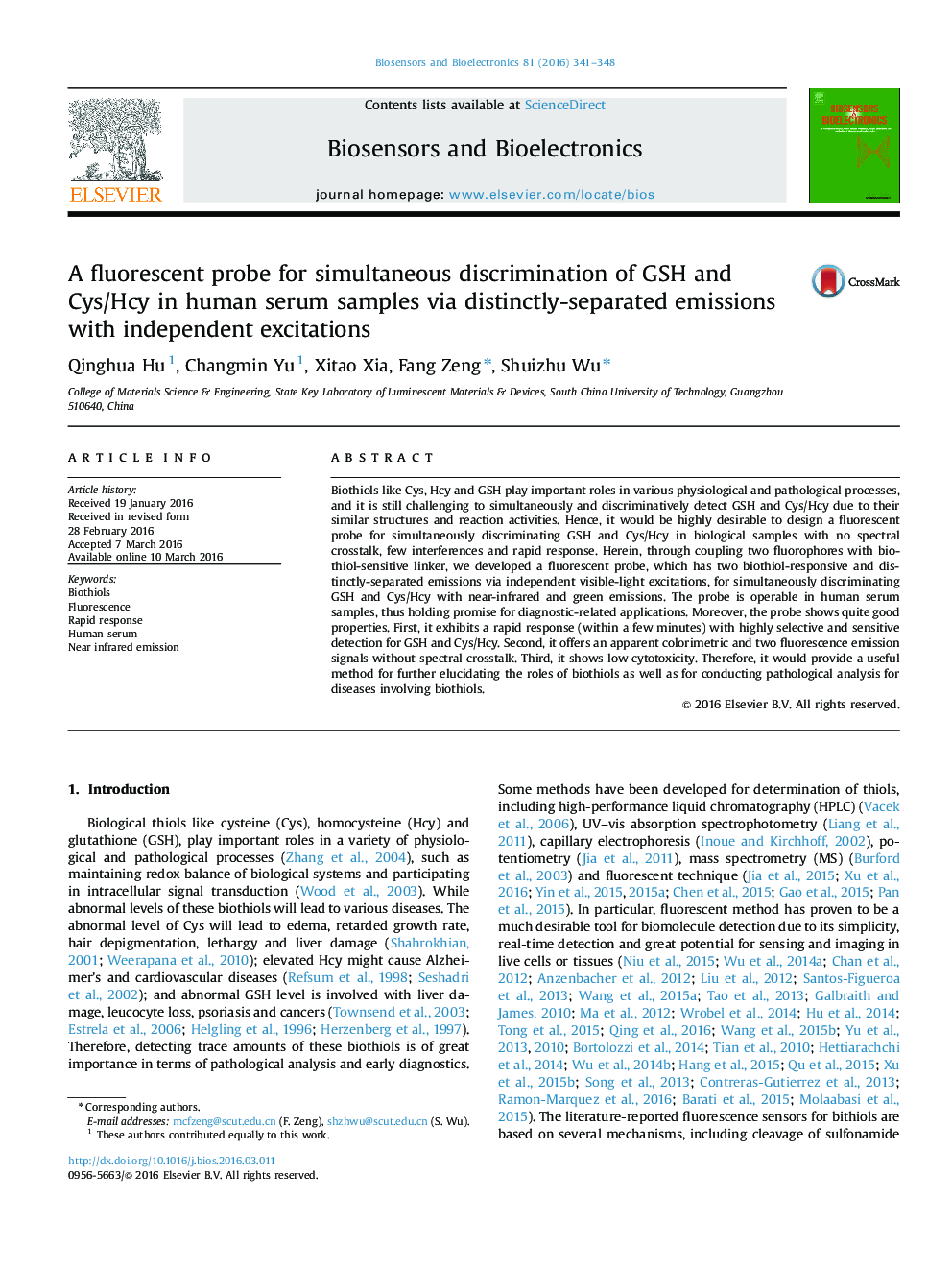 A fluorescent probe for simultaneous discrimination of GSH and Cys/Hcy in human serum samples via distinctly-separated emissions with independent excitations