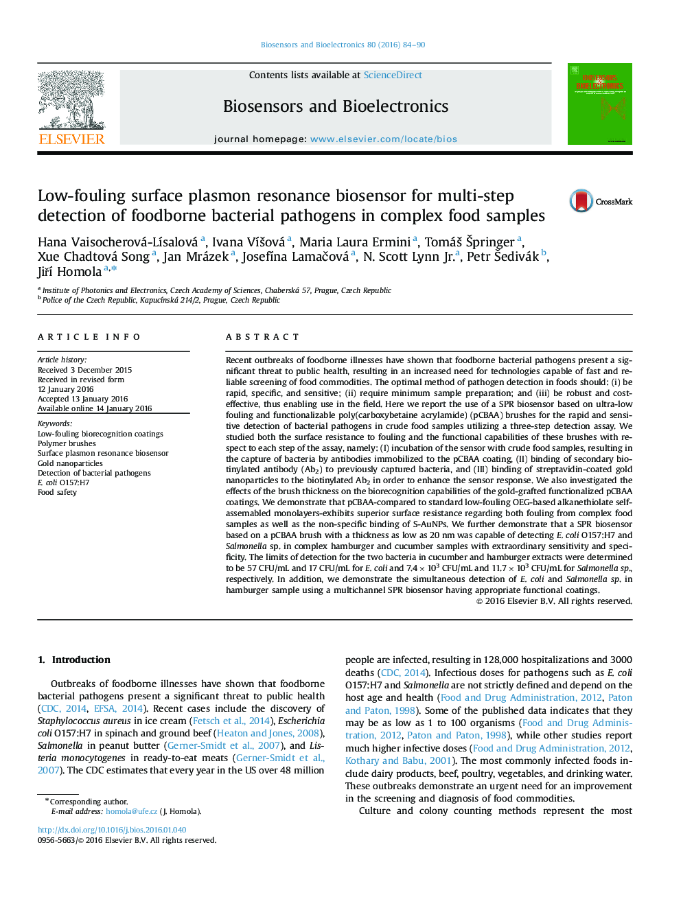 Low-fouling surface plasmon resonance biosensor for multi-step detection of foodborne bacterial pathogens in complex food samples