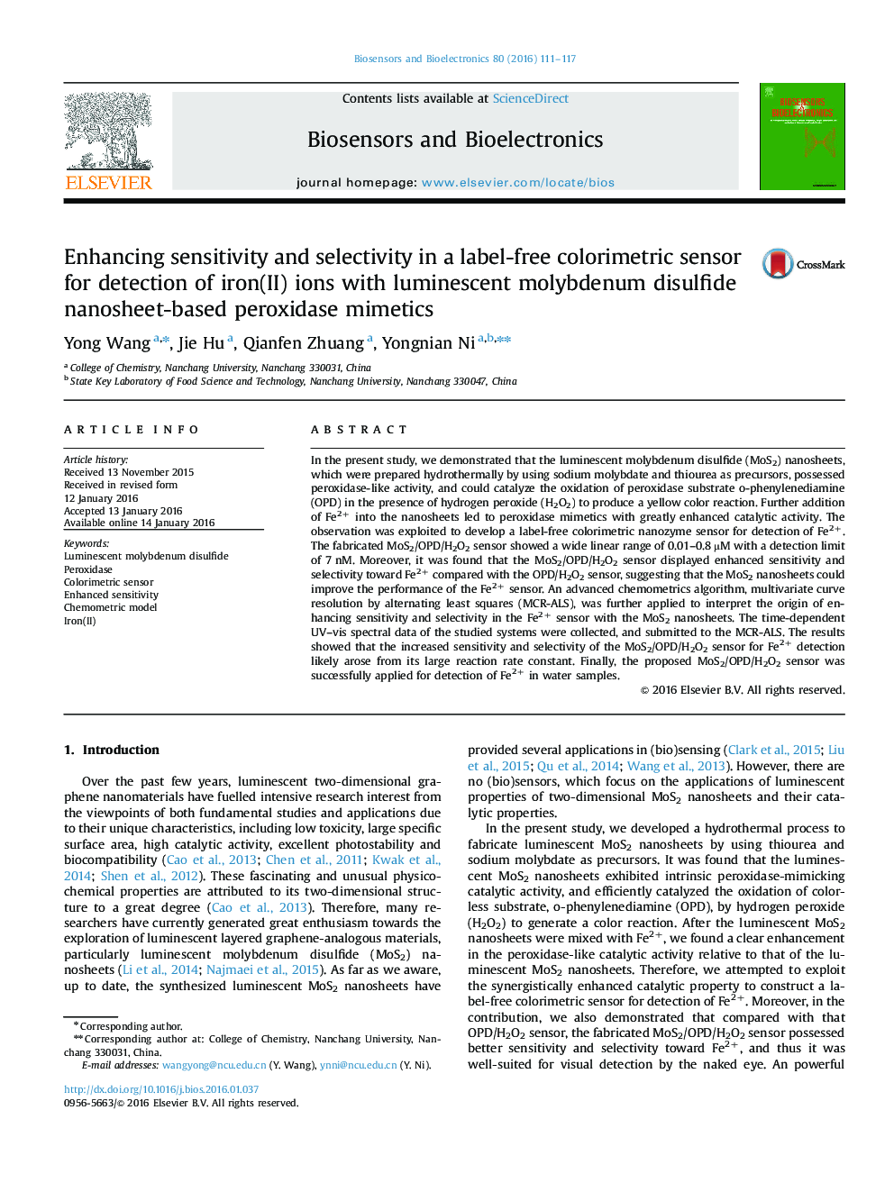 Enhancing sensitivity and selectivity in a label-free colorimetric sensor for detection of iron(II) ions with luminescent molybdenum disulfide nanosheet-based peroxidase mimetics