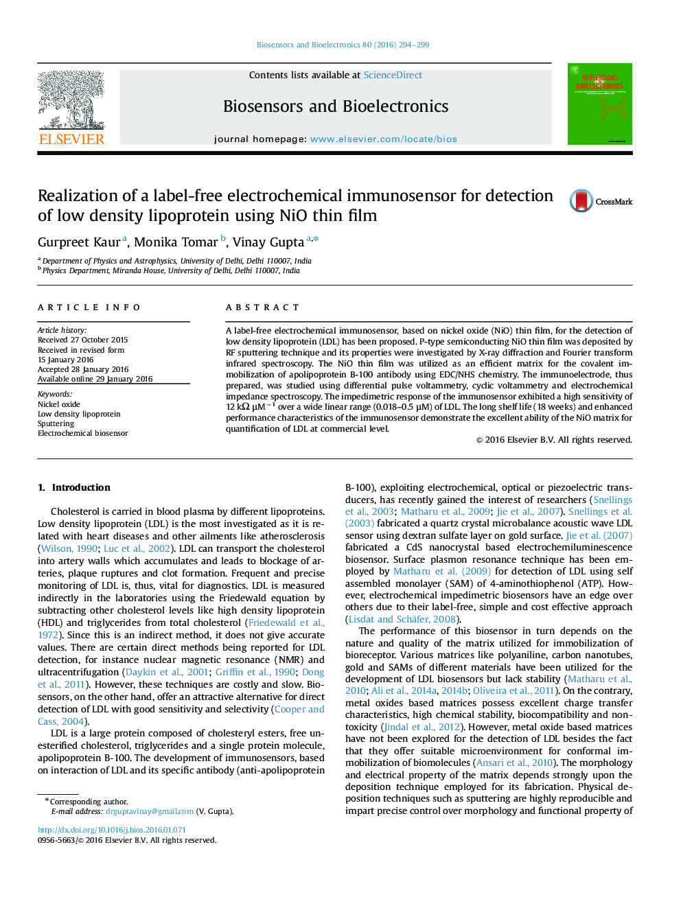 Realization of a label-free electrochemical immunosensor for detection of low density lipoprotein using NiO thin film