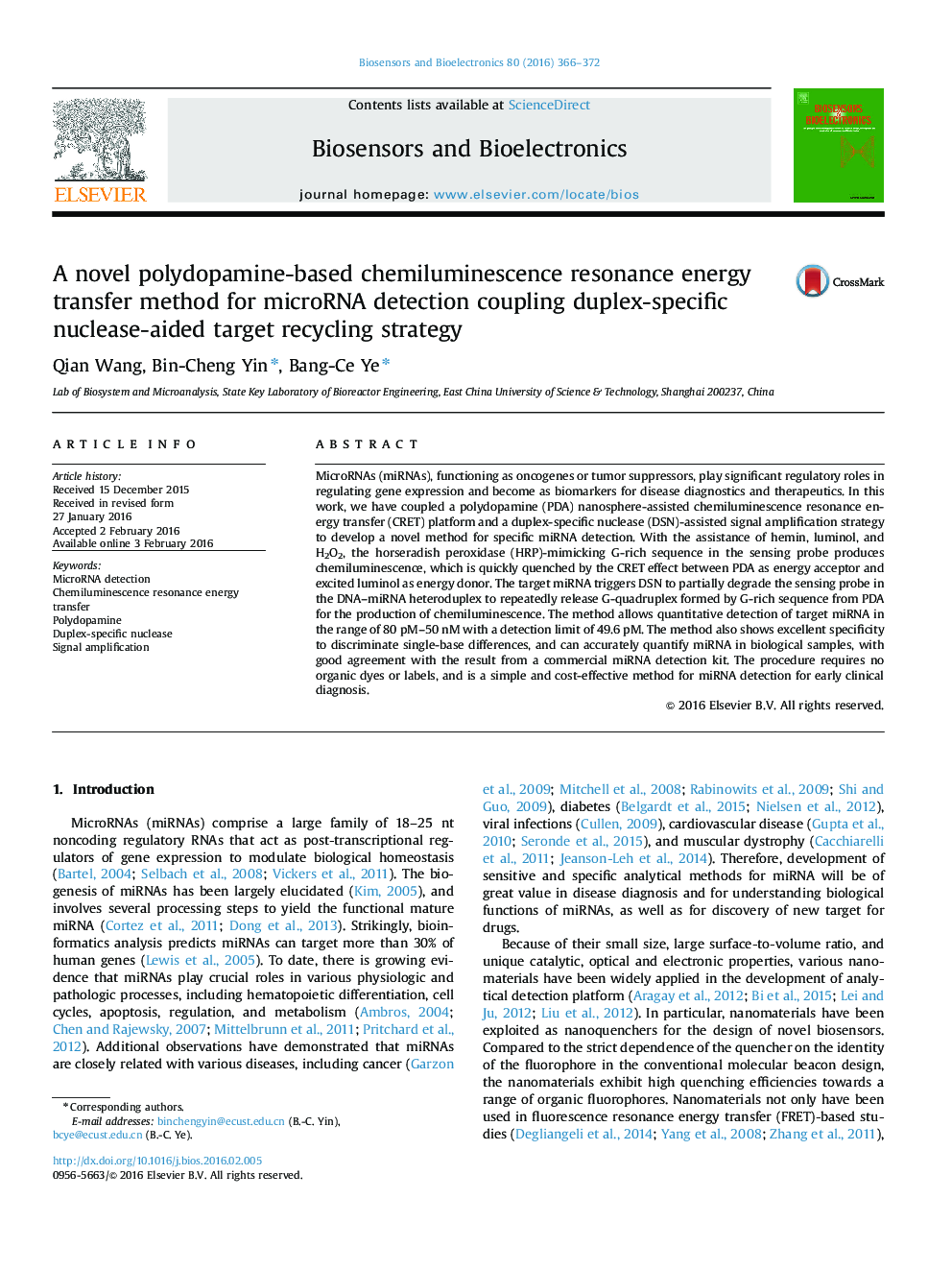 A novel polydopamine-based chemiluminescence resonance energy transfer method for microRNA detection coupling duplex-specific nuclease-aided target recycling strategy