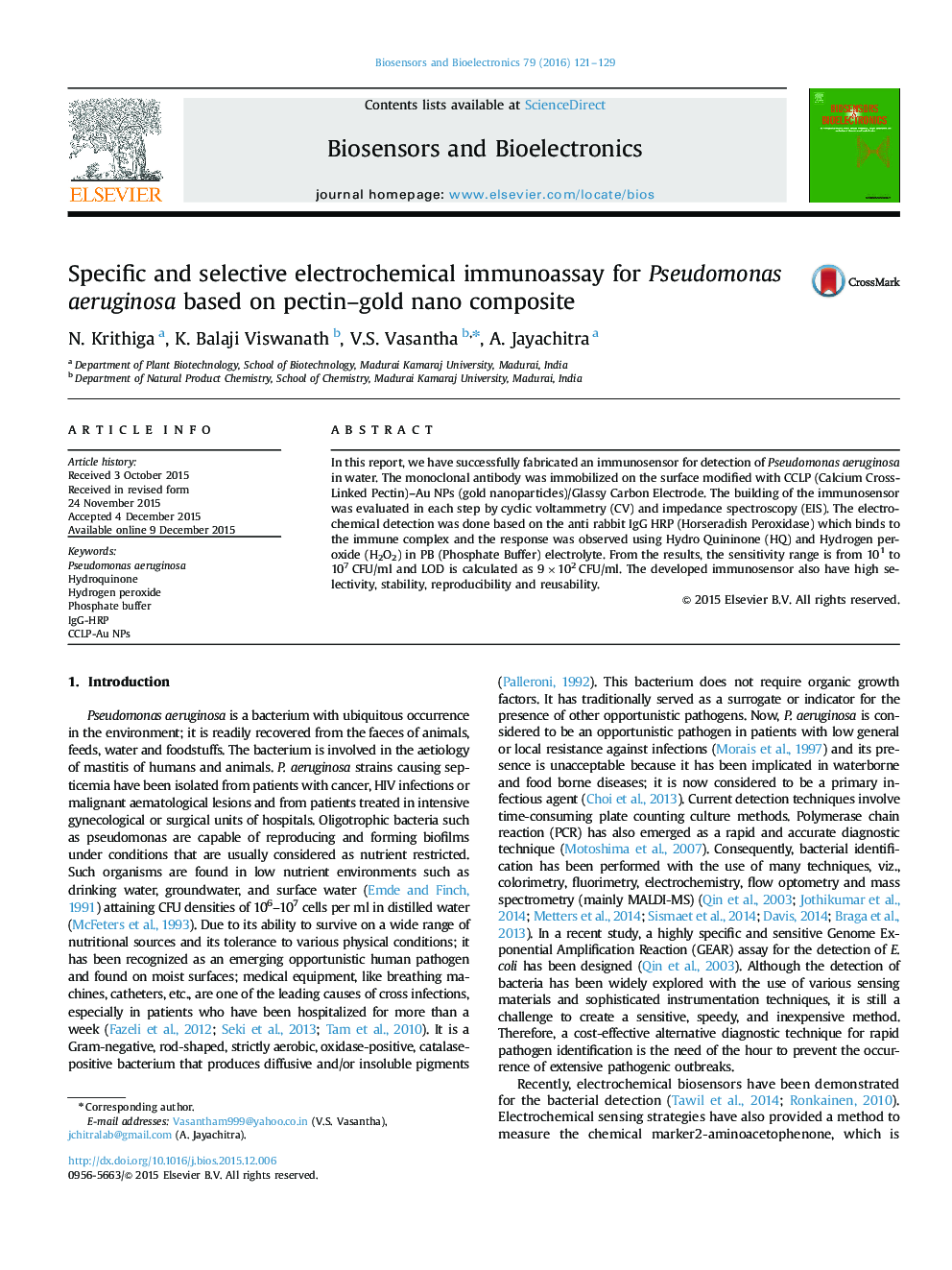 ایمونواسیون الکتروشیمیایی اختصاصی و انتخابی برای سودوموناس آئروژینوزا بر پایه نانو کامپوزیت پکتین-طلا 