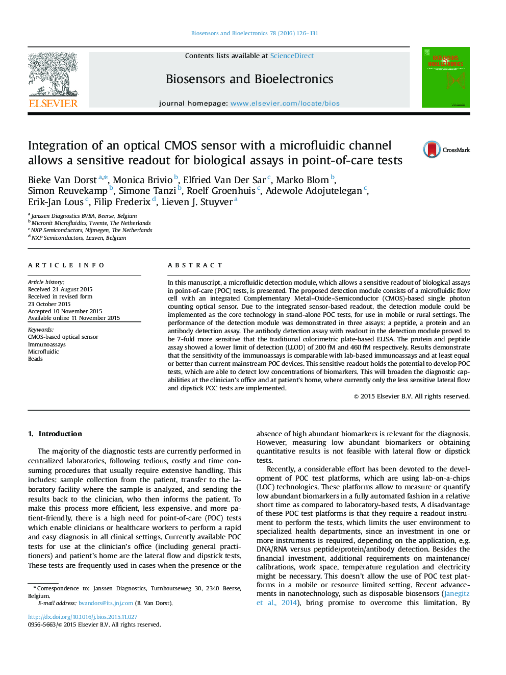 Integration of an optical CMOS sensor with a microfluidic channel allows a sensitive readout for biological assays in point-of-care tests