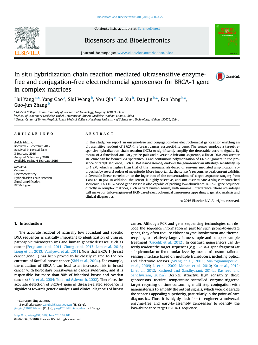 In situ hybridization chain reaction mediated ultrasensitive enzyme-free and conjugation-free electrochemcial genosensor for BRCA-1 gene in complex matrices