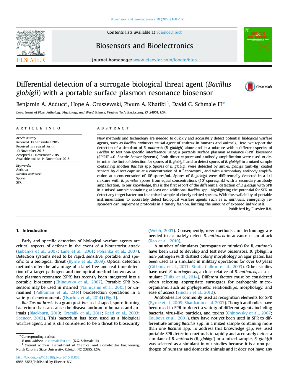 Differential detection of a surrogate biological threat agent (Bacillus globigii) with a portable surface plasmon resonance biosensor