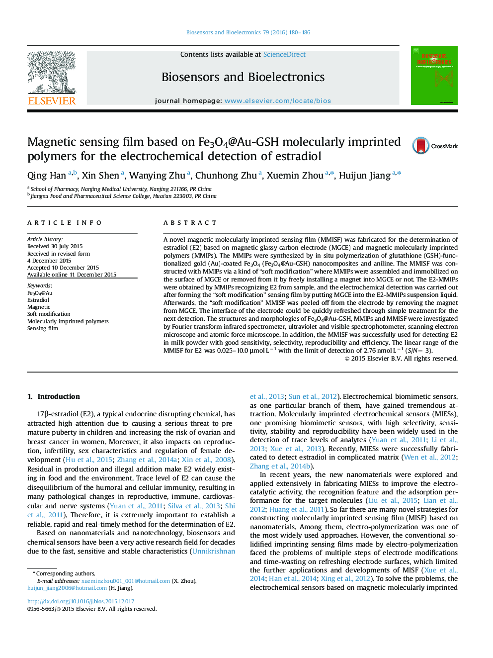 Magnetic sensing film based on Fe3O4@Au-GSH molecularly imprinted polymers for the electrochemical detection of estradiol