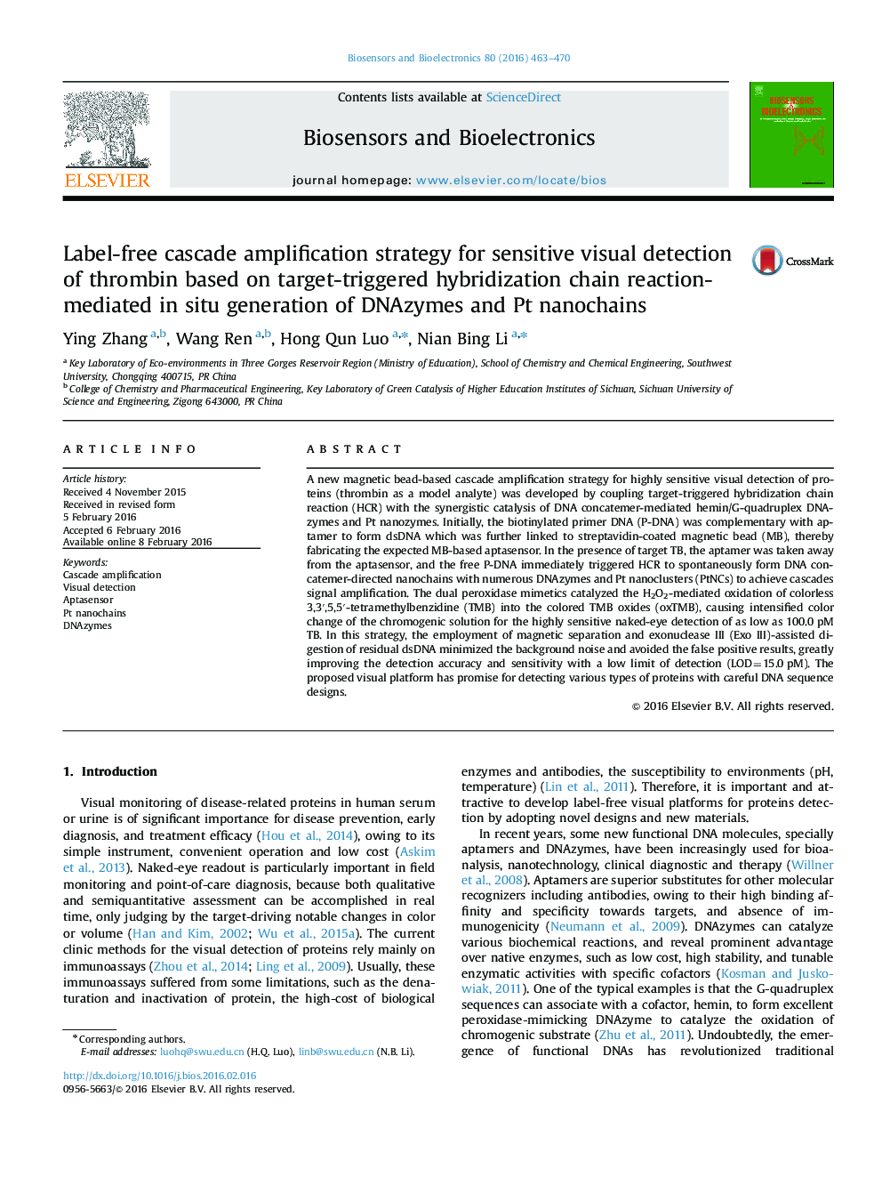 Label-free cascade amplification strategy for sensitive visual detection of thrombin based on target-triggered hybridization chain reaction-mediated in situ generation of DNAzymes and Pt nanochains