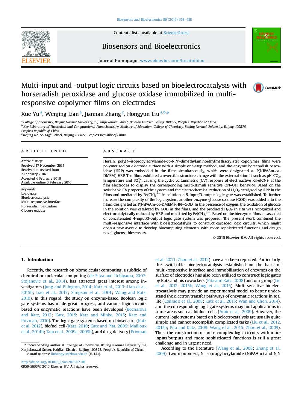 Multi-input and -output logic circuits based on bioelectrocatalysis with horseradish peroxidase and glucose oxidase immobilized in multi-responsive copolymer films on electrodes