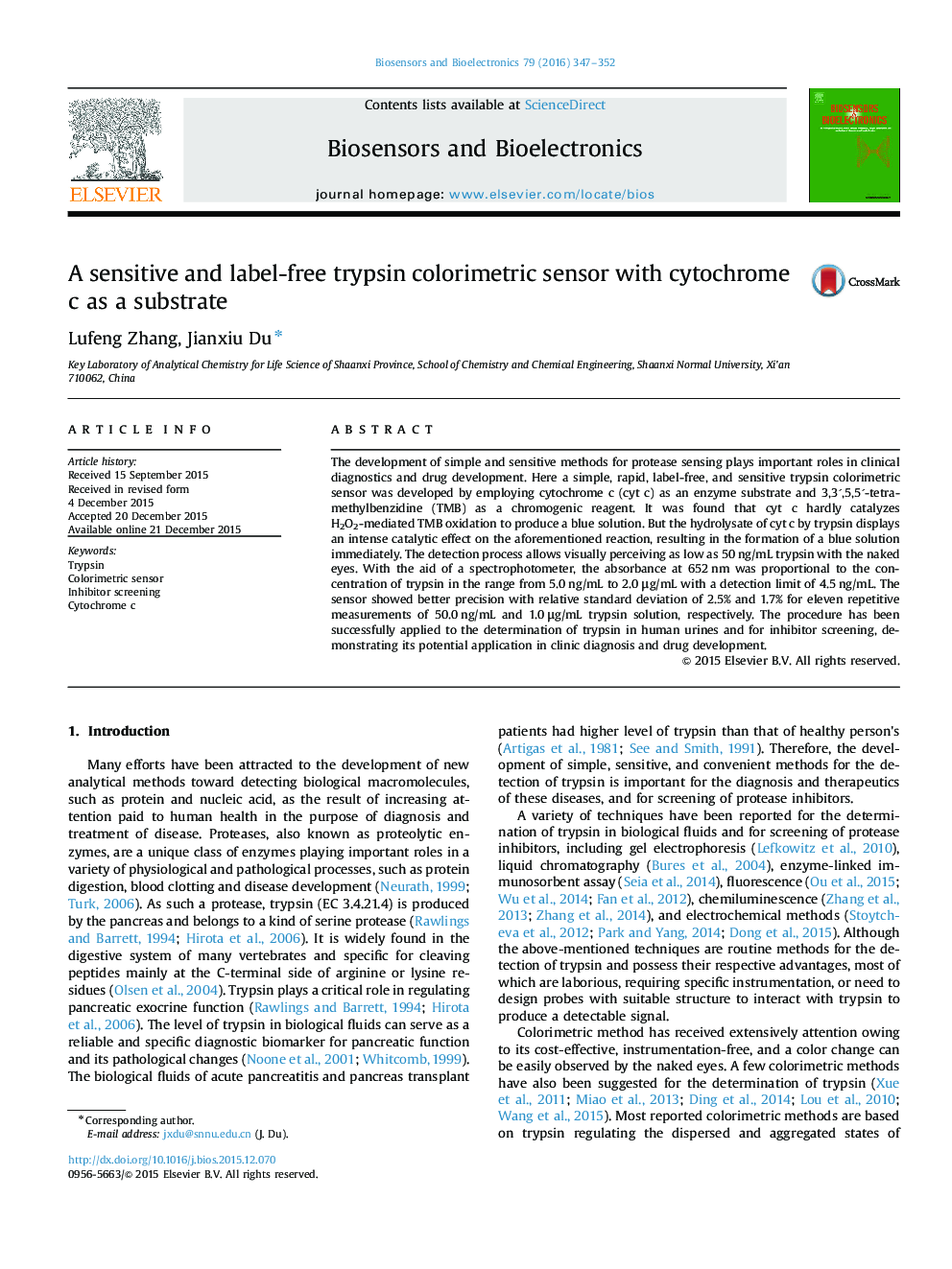 A sensitive and label-free trypsin colorimetric sensor with cytochrome c as a substrate