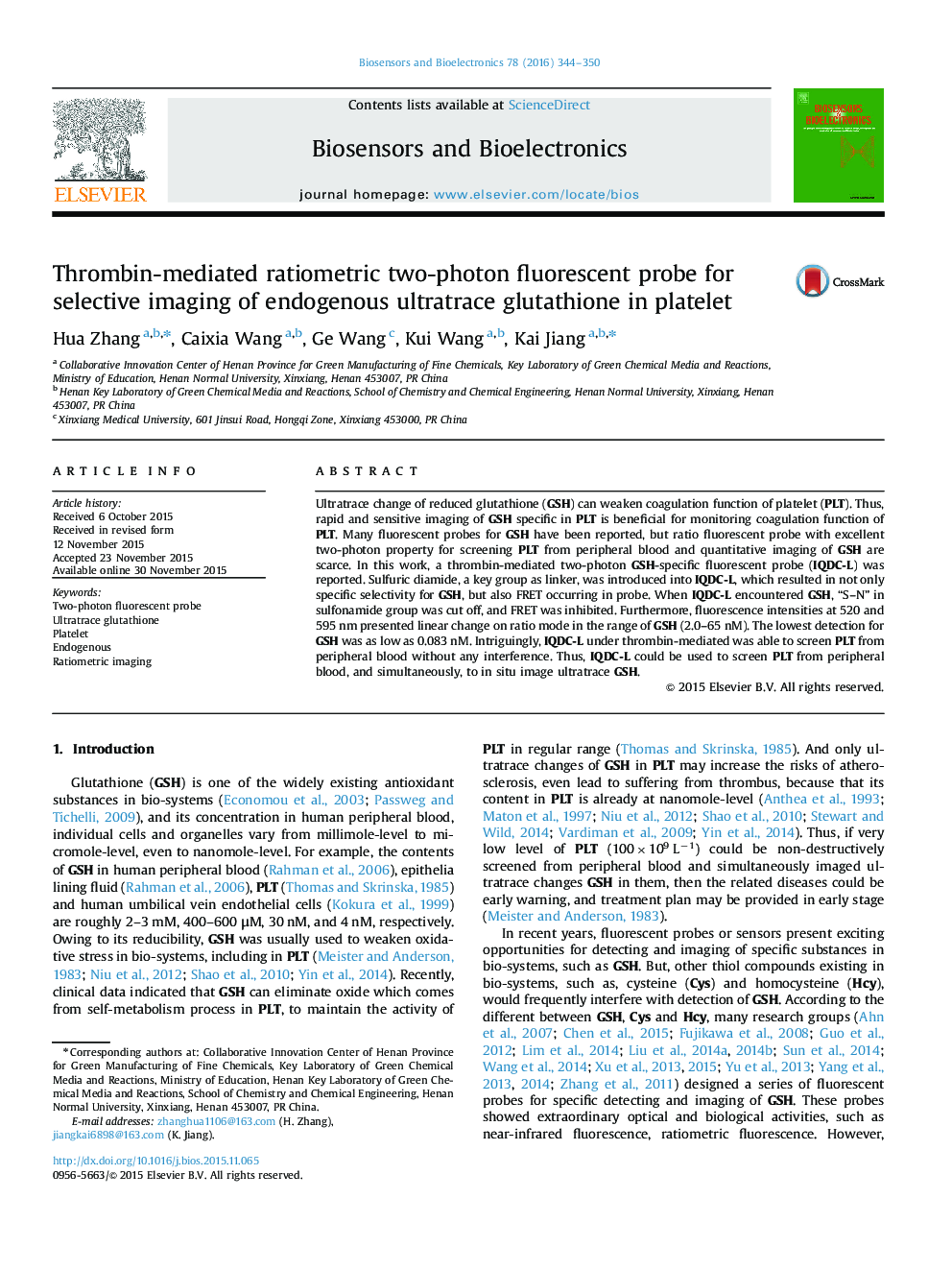 Thrombin-mediated ratiometric two-photon fluorescent probe for selective imaging of endogenous ultratrace glutathione in platelet